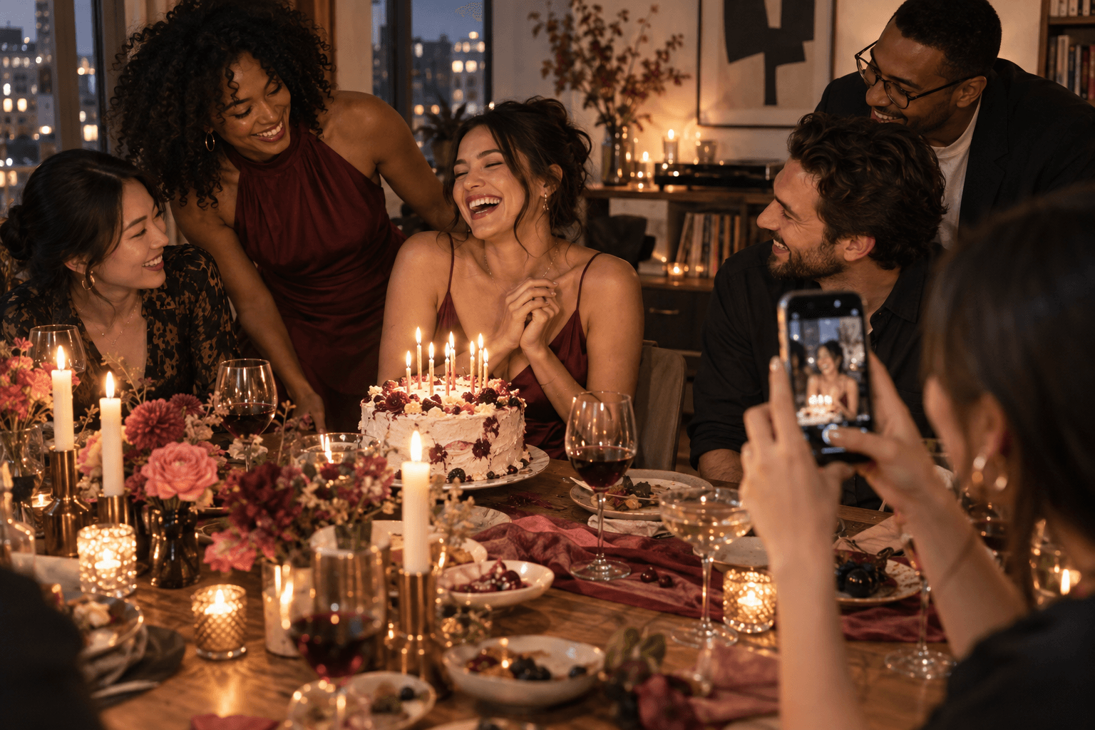 Friends photograph a joyful birthday celebration around a cake