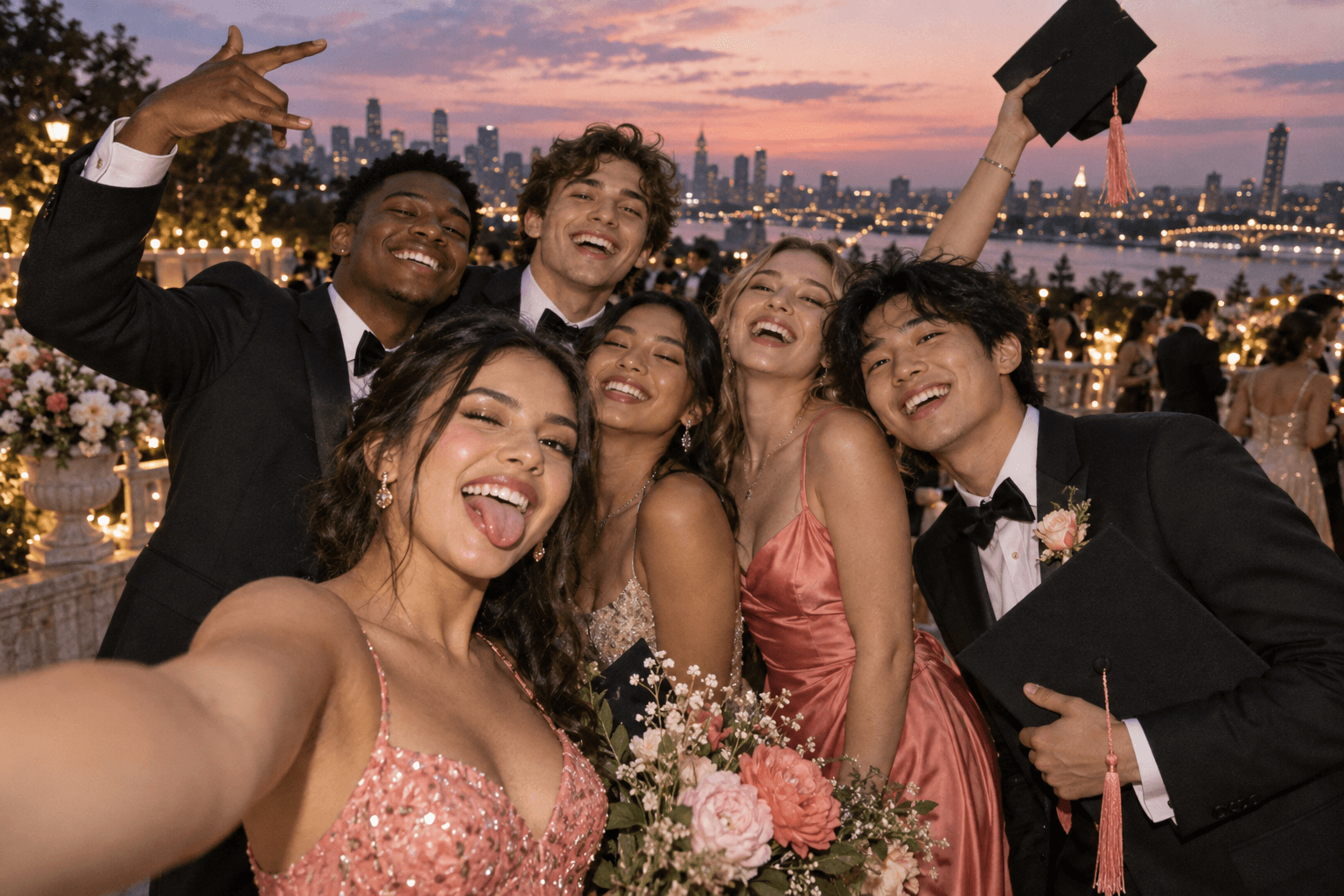 Young adult graduates taking a joyful group selfie at sunset